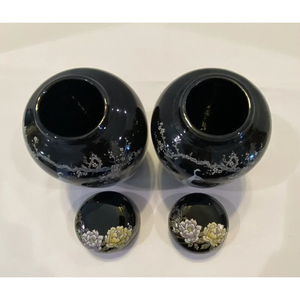 SHIBATA, 2 Hand Painted Peacock Black Ceramic Ginger Jars